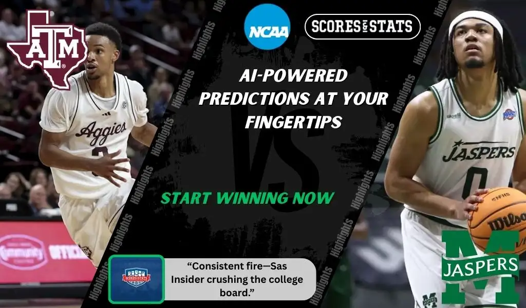 College basketball promo graphic featuring Texas A&M Aggies and Manhattan Jaspers players with team logos and Scores and Stats branding, highlighting betting picks and predictions for their November 21, 2025 matchup.