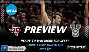 Texas A&M Aggies and Mississippi Valley State Delta Devils players featured in a matchup graphic promoting NCAAB picks and predictions for November 25, 2025, with ScoresAndStats branding