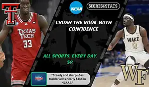College basketball graphic featuring Texas Tech Red Raiders and Wake Forest Demon Deacons players with team logos and Scores and Stats branding, promoting betting picks and predictions for their November 20, 2025 matchup.