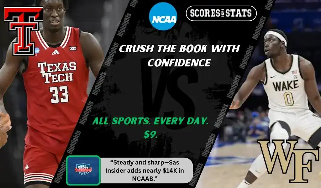 College basketball graphic featuring Texas Tech Red Raiders and Wake Forest Demon Deacons players with team logos and Scores and Stats branding, promoting betting picks and predictions for their November 20, 2025 matchup.