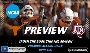 Texas Longhorns and Texas A&M Aggies players featured in a matchup graphic promoting NCAA football picks and predictions for November 28, 2025, with ScoresAndStats branding