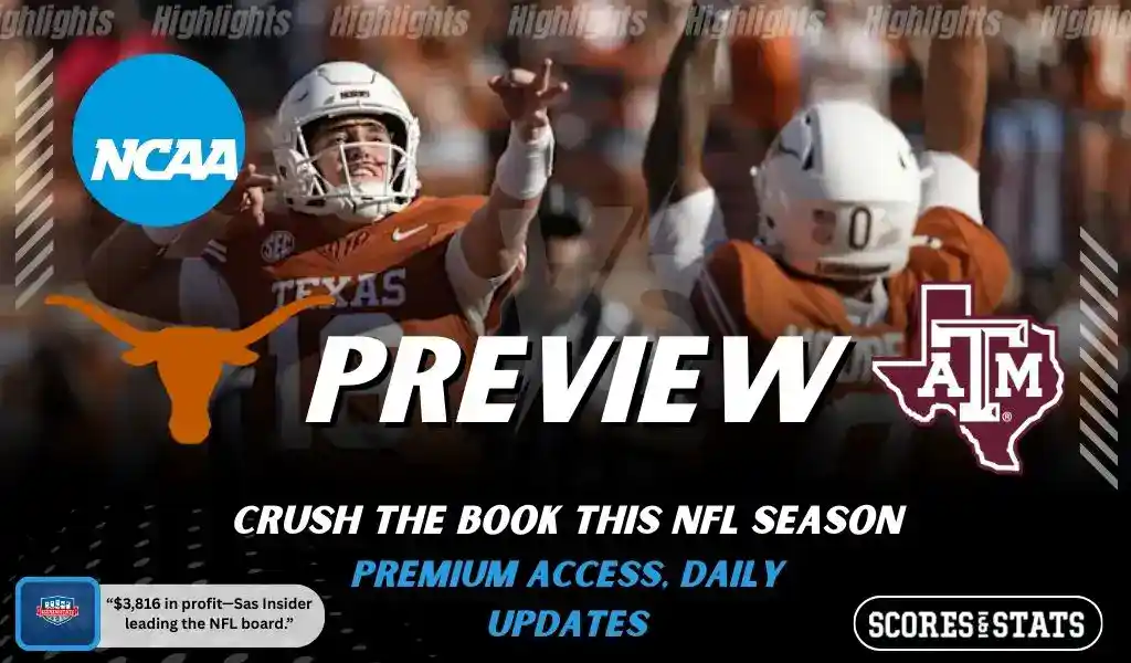 Texas Longhorns and Texas A&M Aggies players featured in a matchup graphic promoting NCAA football picks and predictions for November 28, 2025, with ScoresAndStats branding