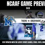 Home 36 NCAAF Game Preview featuring Memphis Tigers vs. Tulane Green Wave, with logos and promotional text for sports updates.