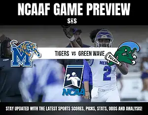 NCAAF Game Preview featuring Memphis Tigers vs. Tulane Green Wave, with logos and promotional text for sports updates.