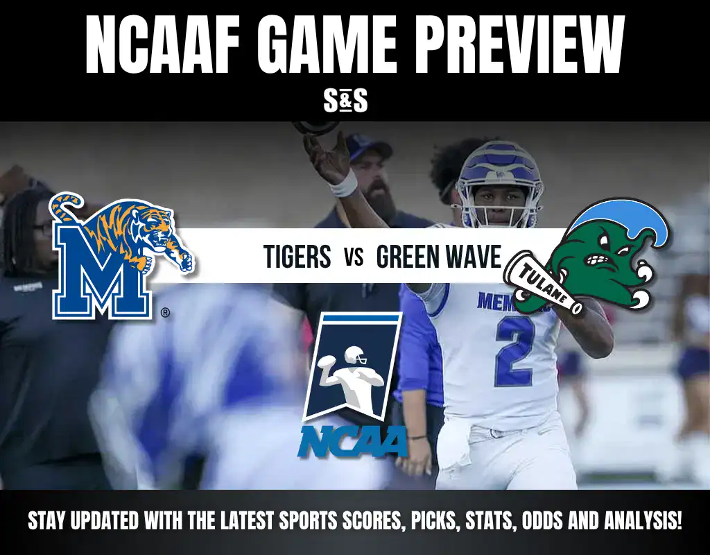 Previews 9 NCAAF Game Preview featuring Memphis Tigers vs. Tulane Green Wave, with logos and promotional text for sports updates.