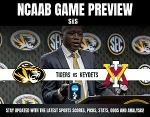 NCAAB game preview featuring Tigers vs. Keydets with a logo and scoreboard; includes sports updates and analysis.