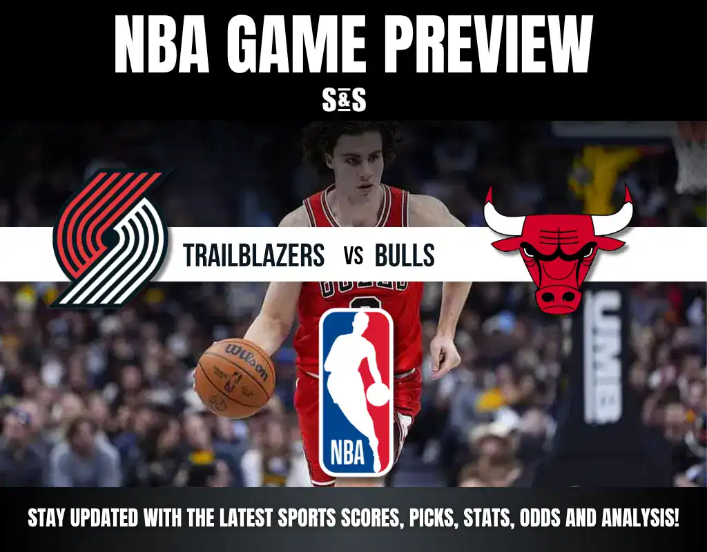 A basketball player dribbles a ball, with the Trail Blazers vs. Bulls matchup and NBA logo featured prominently in the image.