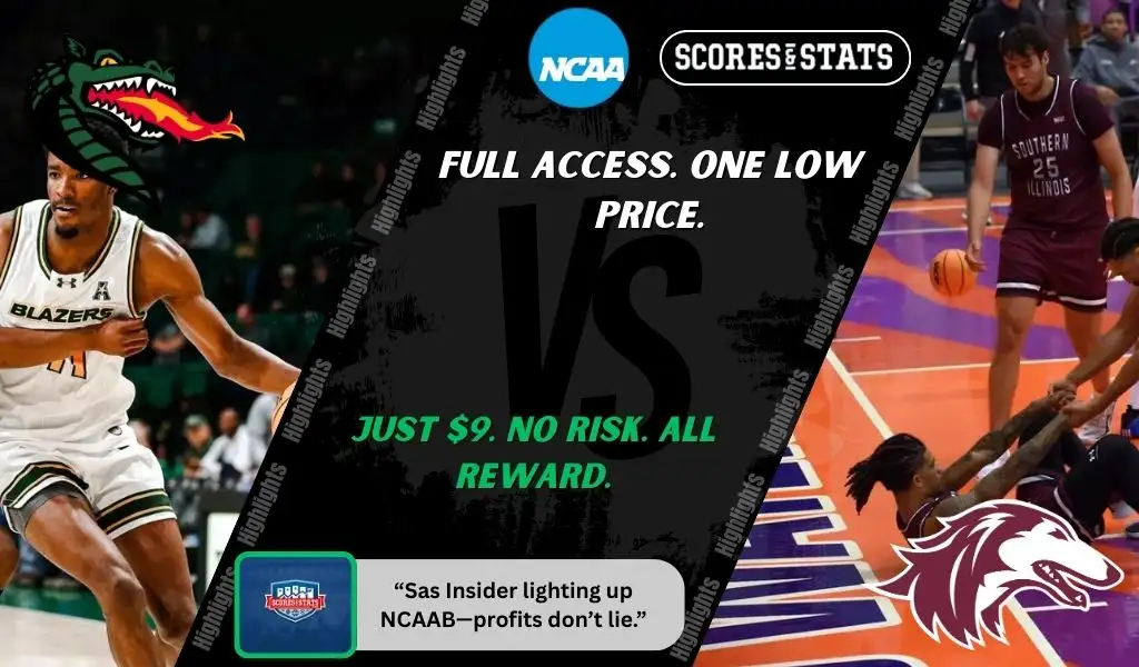 Previews 7 UAB Blazers and Southern Illinois Salukis players featured in a matchup graphic promoting NCAAB picks and predictions for November 24, 2025, with ScoresAndStats branding