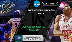 UC San Diego Tritons and Temple Owls players featured in a matchup graphic promoting NCAAB picks and predictions for November 24, 2025, with ScoresAndStats branding