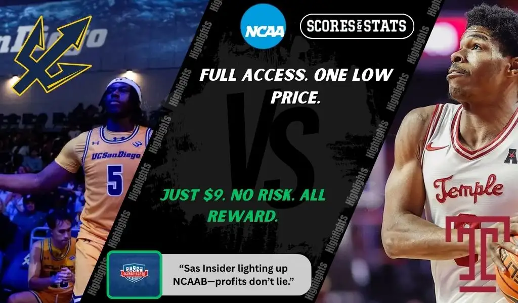 UC San Diego Tritons and Temple Owls players featured in a matchup graphic promoting NCAAB picks and predictions for November 24, 2025, with ScoresAndStats branding