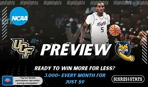 UCF Knights and Quinnipiac Bobcats players featured in a matchup graphic promoting NCAAB picks and predictions for November 25, 2025, with ScoresAndStats branding