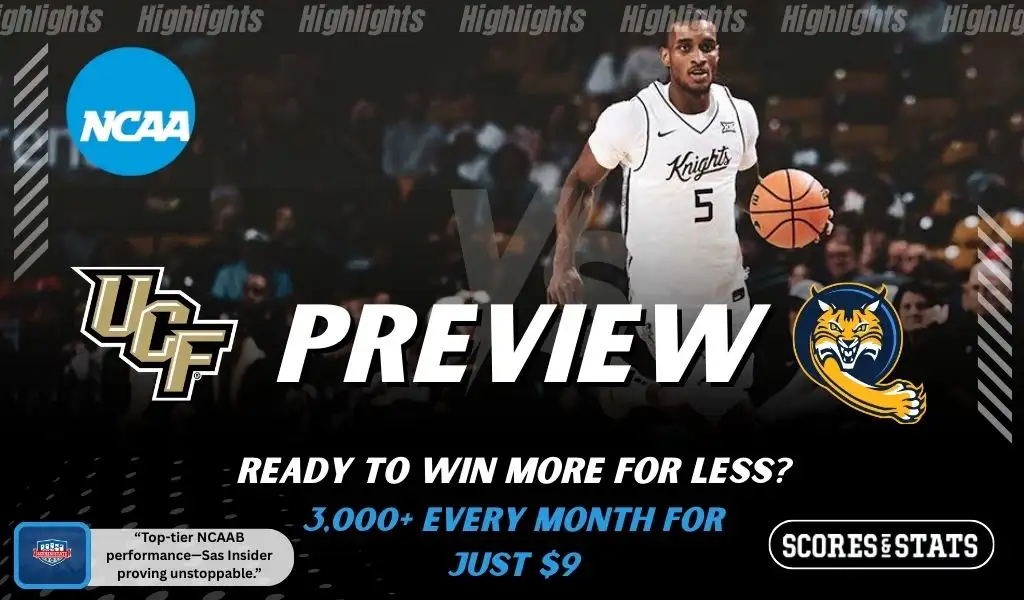 UCF Knights and Quinnipiac Bobcats players featured in a matchup graphic promoting NCAAB picks and predictions for November 25, 2025, with ScoresAndStats branding