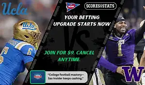 College football promo graphic featuring UCLA Bruins and Washington Huskies players with team logos and Scores and Stats branding, promoting betting picks and predictions for their November 22, 2025 matchup.