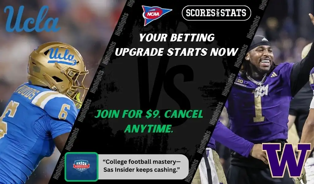 College football promo graphic featuring UCLA Bruins and Washington Huskies players with team logos and Scores and Stats branding, promoting betting picks and predictions for their November 22, 2025 matchup.