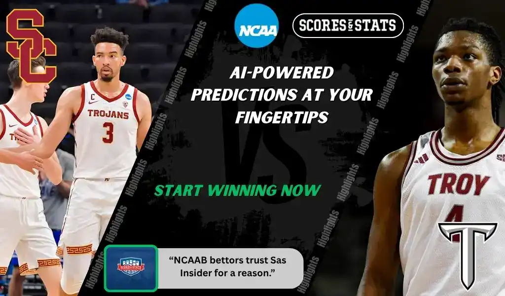College basketball promo graphic featuring USC Trojans and Troy Trojans players with team logos and Scores and Stats branding, promoting betting picks and predictions for their November 20, 2025 matchup.