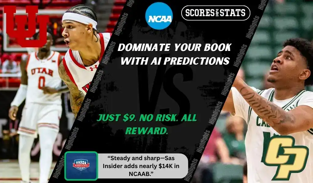 College basketball promo graphic featuring Utah Utes and Cal Poly Mustangs players with team logos and Scores and Stats branding, promoting betting picks and predictions for their November 20, 2025 matchup.