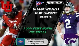 College football promo graphic featuring Utah Utes and Kansas State Wildcats players with team logos and Scores and Stats branding, promoting betting picks and predictions for their November 22, 2025 matchup.