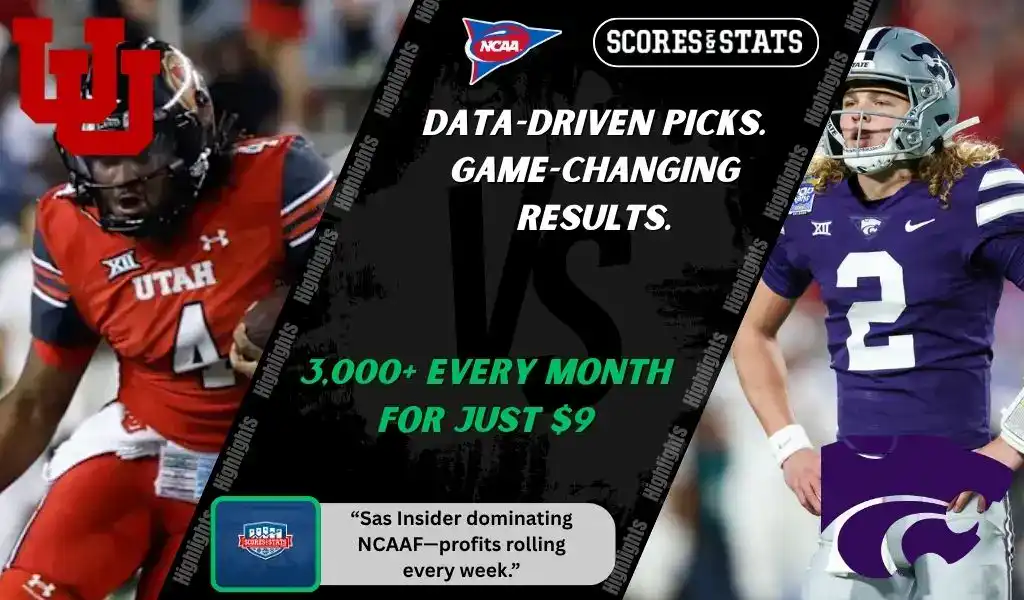 Previews 7 College football promo graphic featuring Utah Utes and Kansas State Wildcats players with team logos and Scores and Stats branding, promoting betting picks and predictions for their November 22, 2025 matchup.