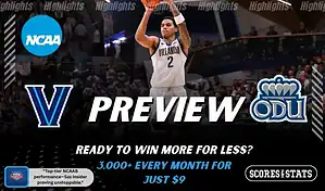 Villanova Wildcats and Old Dominion Monarchs players featured in a matchup graphic promoting NCAAB picks and predictions for November 25, 2025, with ScoresAndStats branding