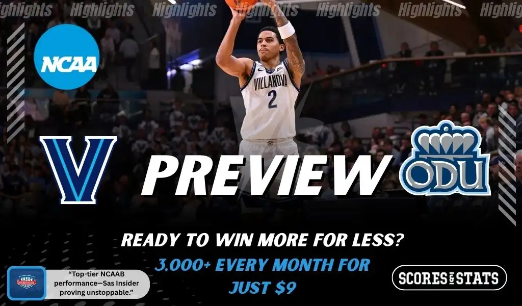 Villanova Wildcats and Old Dominion Monarchs players featured in a matchup graphic promoting NCAAB picks and predictions for November 25, 2025, with ScoresAndStats branding