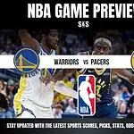 Home 12 NBA Game Preview featuring the Golden State Warriors versus the Indiana Pacers. Logos and promotional text for sports updates displayed.