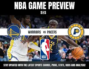 NBA Game Preview featuring the Golden State Warriors versus the Indiana Pacers. Logos and promotional text for sports updates displayed.