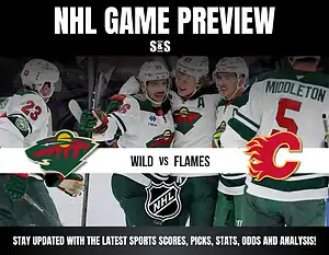 Action shot of NHL players in green jerseys celebrating with team logos for the Wild and Flames, promoting a game preview.