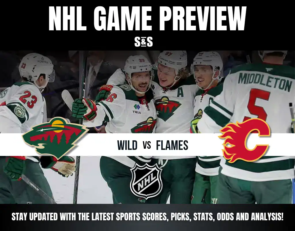 Previews 9 Action shot of NHL players in green jerseys celebrating with team logos for the Wild and Flames, promoting a game preview.
