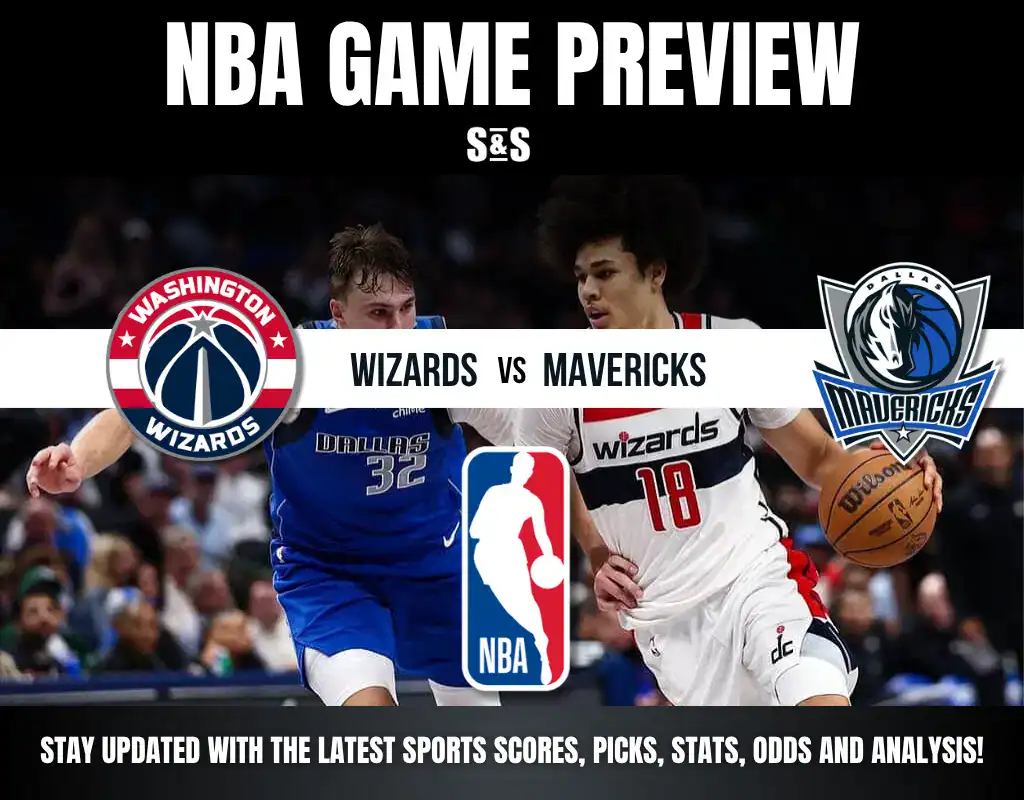 NBA game preview featuring the Washington Wizards versus the Dallas Mavericks, highlighting team logos and player action.