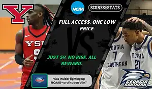 Youngstown State Penguins and Georgia Southern Eagles players featured in a matchup graphic promoting NCAAB picks and predictions for November 24, 2025, with ScoresAndStats branding