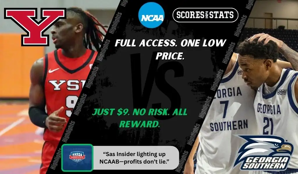 Previews 10 Youngstown State Penguins and Georgia Southern Eagles players featured in a matchup graphic promoting NCAAB picks and predictions for November 24, 2025, with ScoresAndStats branding