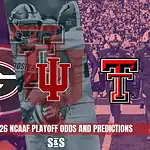 Home 32 Split image with logos of Georgia, Indiana, and Texas Tech football teams, overlaid on football players.