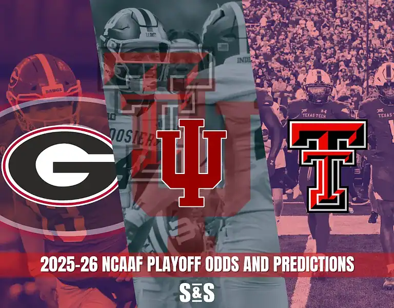 Split image with logos of Georgia, Indiana, and Texas Tech football teams, overlaid on football players.