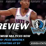 Home 12 Philadelphia 76ers vs Dallas Mavericks NBA preview graphic featuring a 76ers player with 76ers and Mavericks logos and Scores and Stats branding