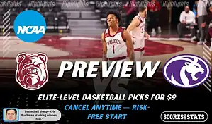 Alabama AM Bulldogs vs North Alabama Lions NCAA basketball game preview image with players on court and team logos displayed