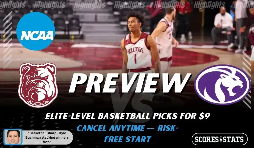 Alabama AM Bulldogs vs North Alabama Lions NCAA basketball game preview image with players on court and team logos displayed