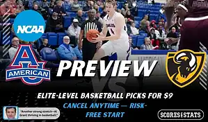 American Eagles vs VCU Rams NCAA basketball game preview image featuring American player handling the ball with team logos displayed