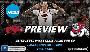 Arkansas Razorbacks and Fresno State Bulldogs featured in NCAA basketball preview graphic ahead of their upcoming matchup.
