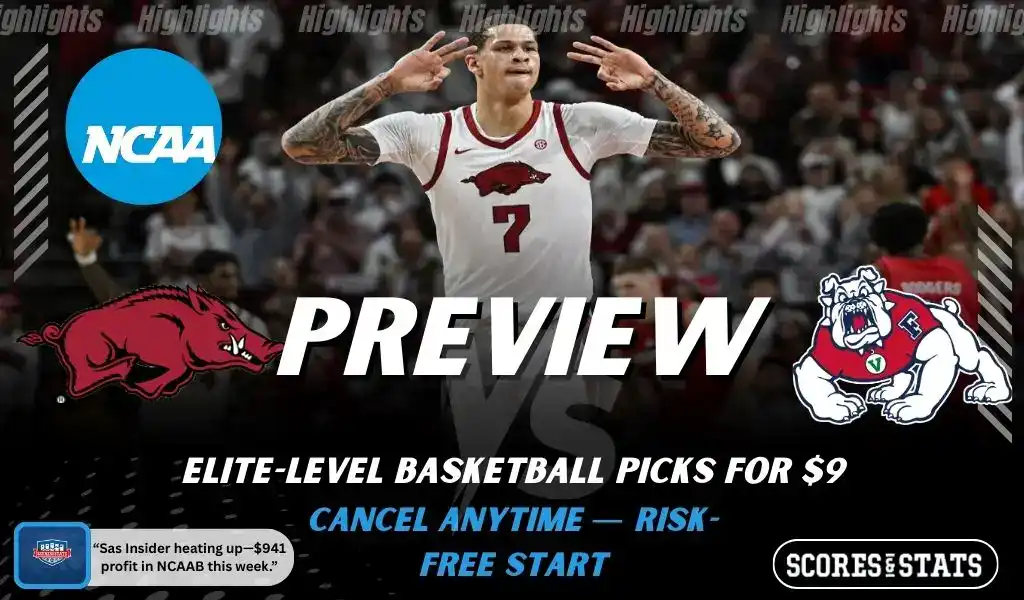 Arkansas Razorbacks and Fresno State Bulldogs featured in NCAA basketball preview graphic ahead of their upcoming matchup.