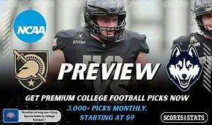 Army Black Knights vs UConn Huskies college football preview graphic featuring an Army player with Army and UConn logos and Scores and Stats branding