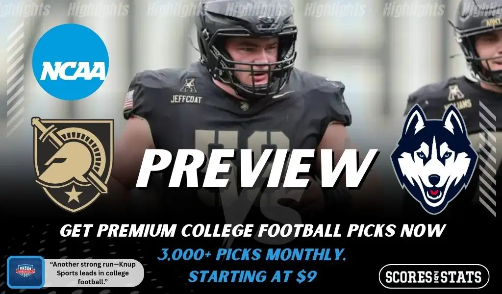 Previews 8 Army Black Knights vs UConn Huskies college football preview graphic featuring an Army player with Army and UConn logos and Scores and Stats branding