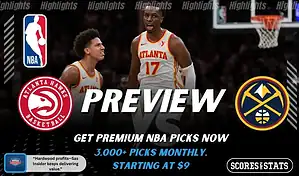 Atlanta Hawks and Denver Nuggets featured in NBA preview graphic ahead of their upcoming matchup.