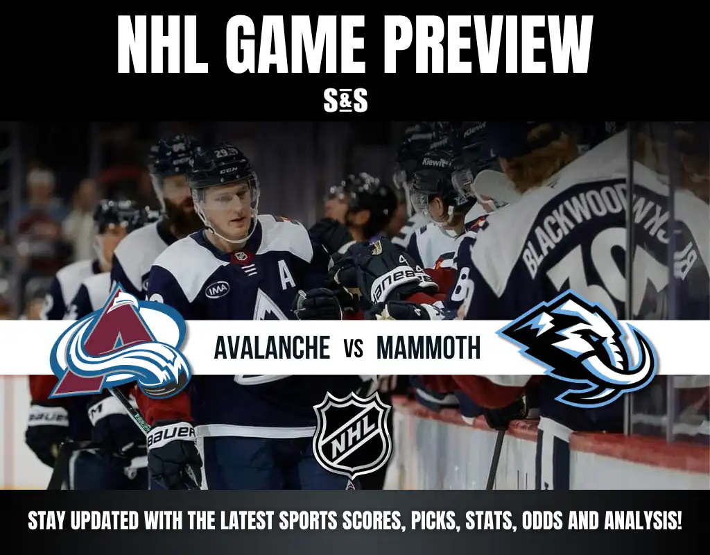 NHL game preview featuring the Avalanche vs. Mammoth, showcasing players in team jerseys on the ice. Scores and analysis update.