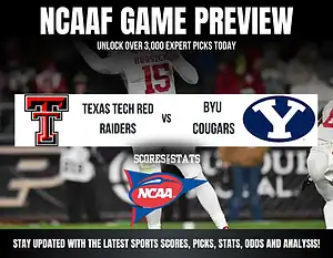 NCAAF game preview graphic featuring Texas Tech Red Raiders vs BYU Cougars, with sports stats and analysis information.