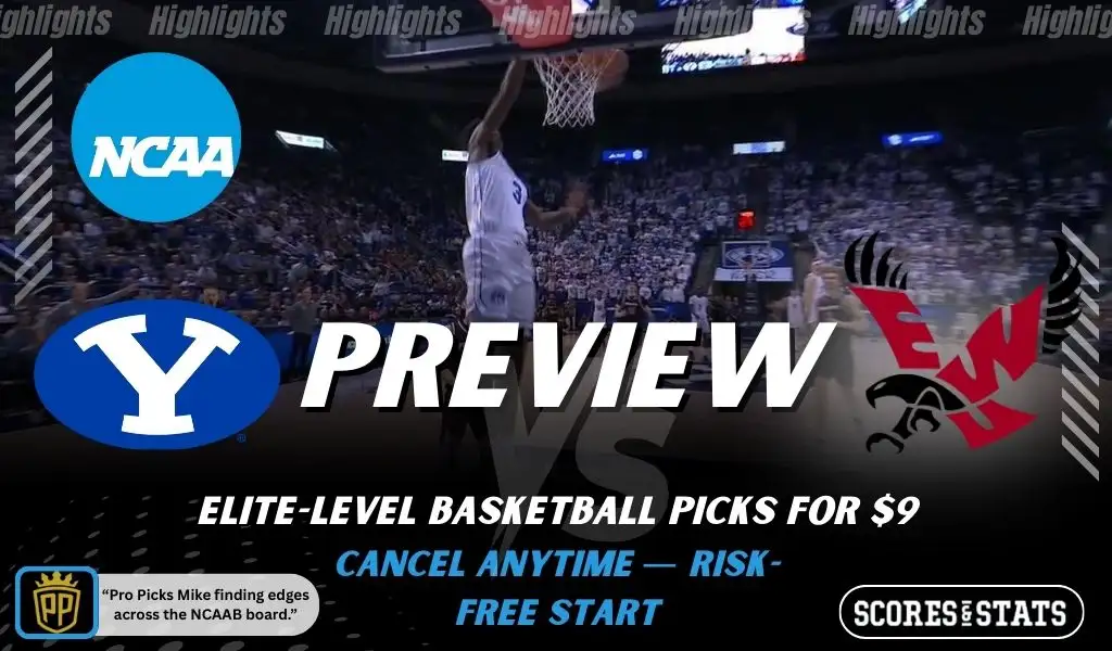 BYU Cougars vs Eastern Washington Eagles NCAA basketball preview graphic showing a BYU player dunking with BYU and Eastern Washington logos and Scores and Stats branding