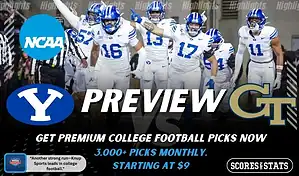 BYU Cougars vs Georgia Tech Yellow Jackets college football preview graphic showing BYU players celebrating with BYU and Georgia Tech logos and Scores and Stats branding
