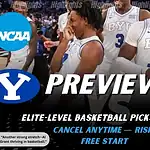 Home 44 BYU Cougars vs Abilene Christian Wildcats NCAA basketball game preview image showing BYU players celebrating on the court with team logos displayed