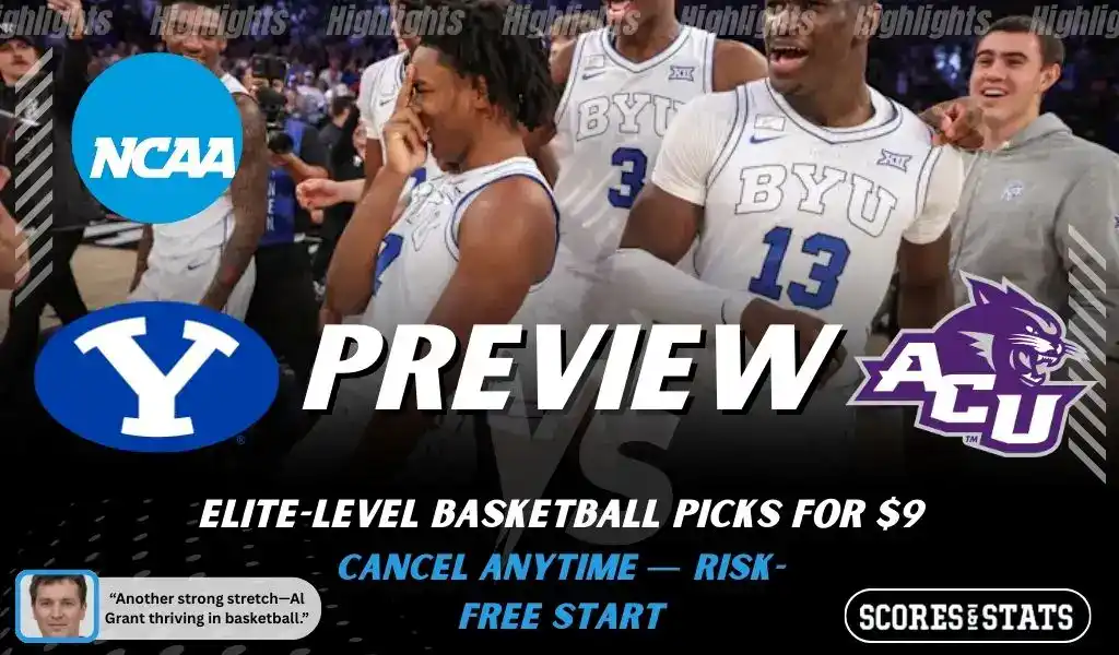 NCAAB 1 BYU Cougars vs Abilene Christian Wildcats NCAA basketball game preview image showing BYU players celebrating on the court with team logos displayed