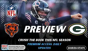 Chicago Bears vs Green Bay Packers NFL game preview image featuring Bears quarterback celebrating on the field with team logos displayed