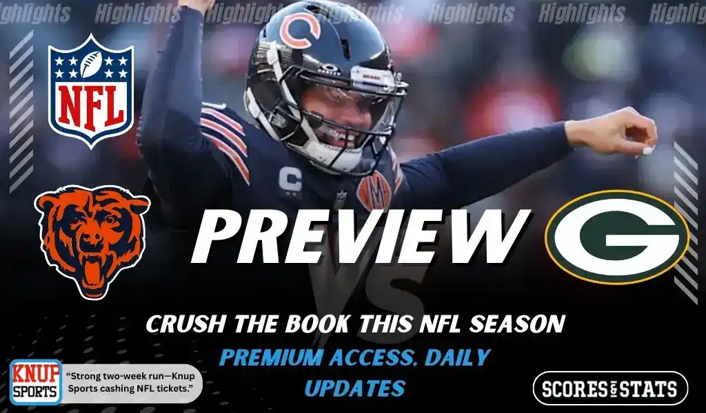 2 Chicago Bears vs Green Bay Packers NFL game preview image featuring Bears quarterback celebrating on the field with team logos displayed